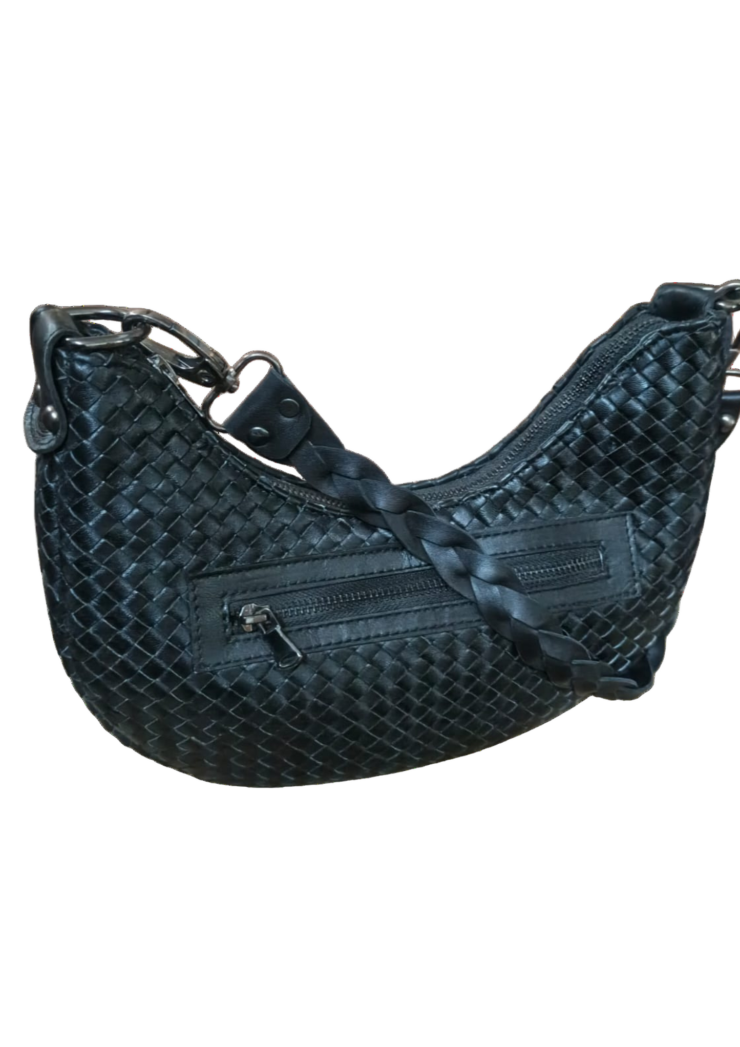 Black woven handbag with a braided handle on a white background