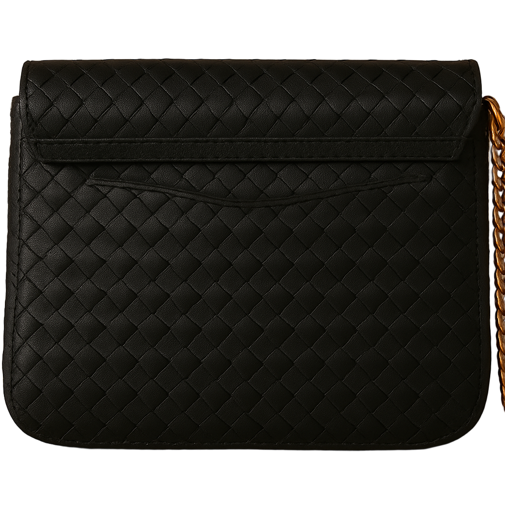 Black woven handbag on a beige background