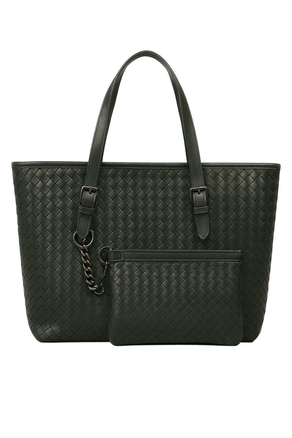 Black woven handbag with a chain detail on a white background