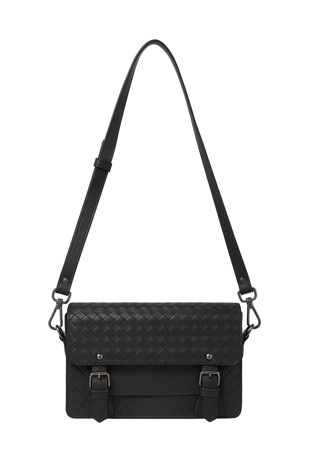 Black woven leather crossbody bag on a white background