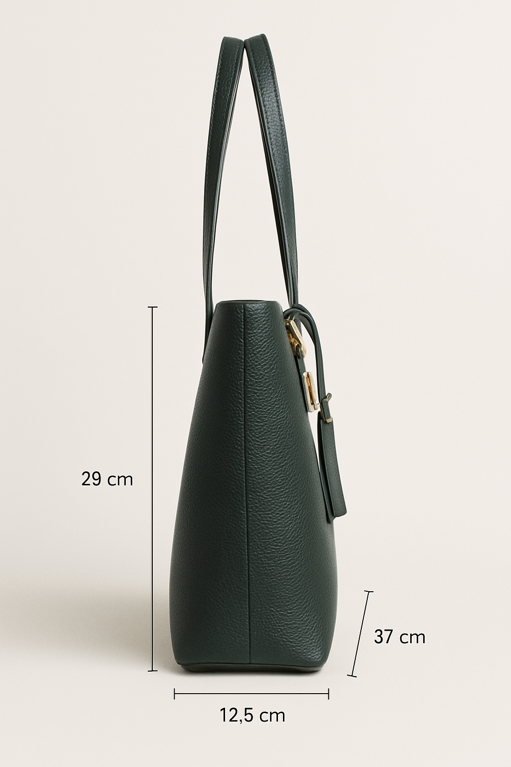 Green handbag with measurements on a light beige background
