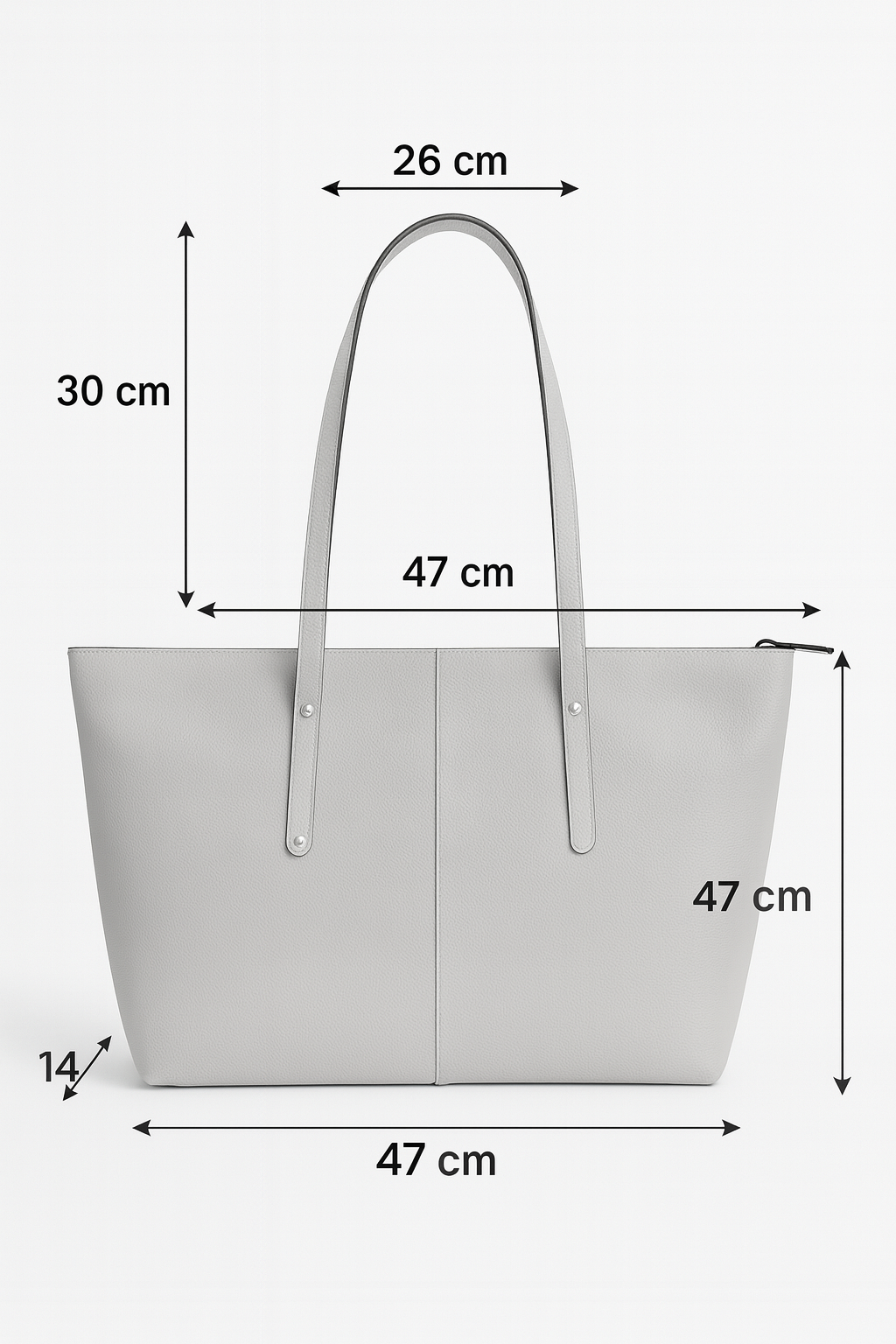 Gray tote bag with dimensions marked on a white background