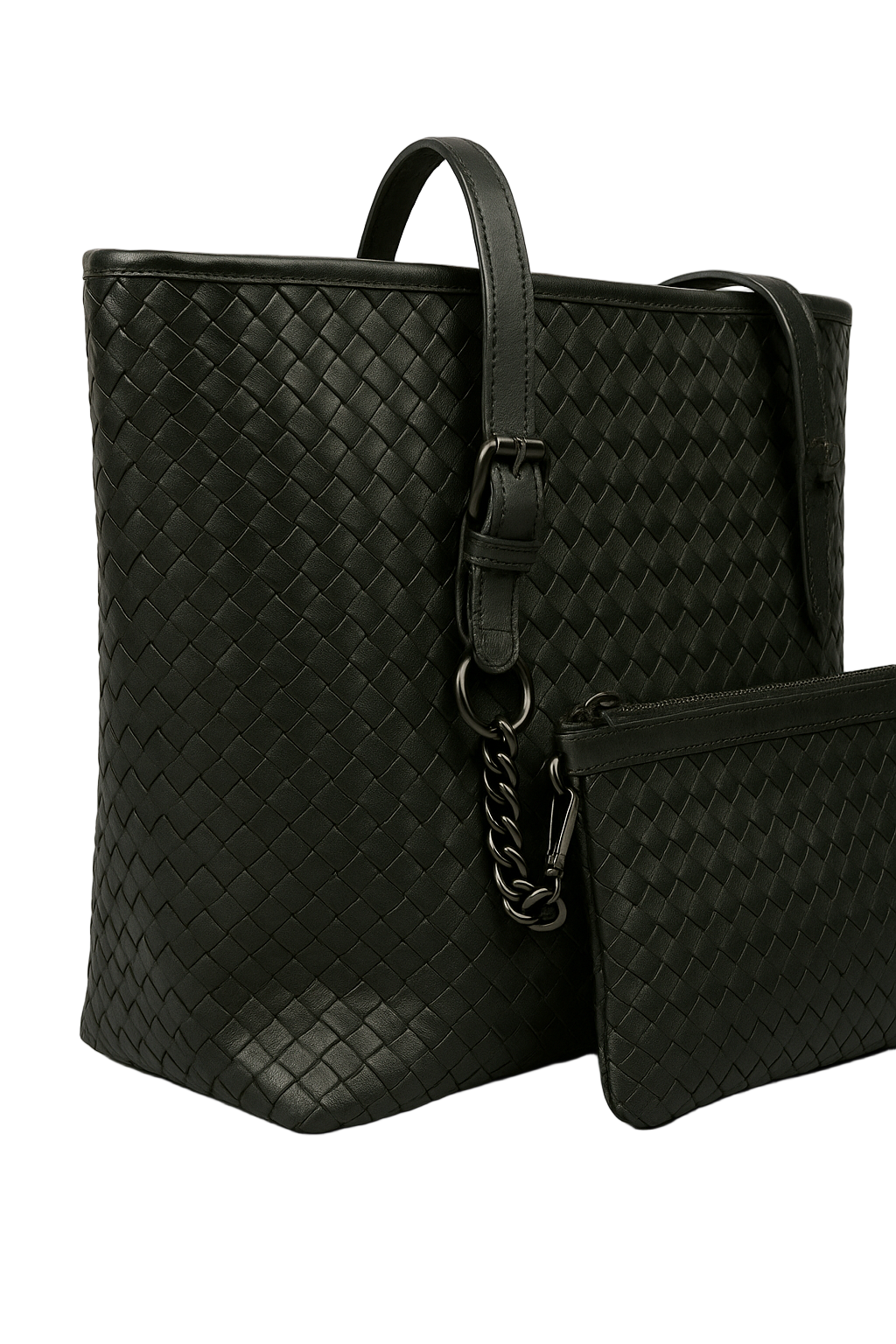 Black woven handbag with a matching pouch on a light gray background
