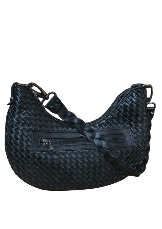 Black woven handbag on a white background