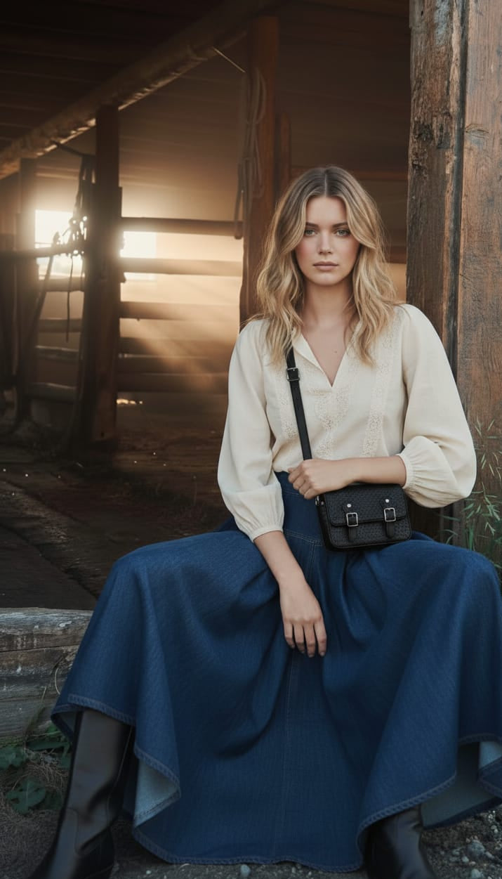 Woman in a white blouse and blue skirt sitting in a rustic setting with wooden walls.