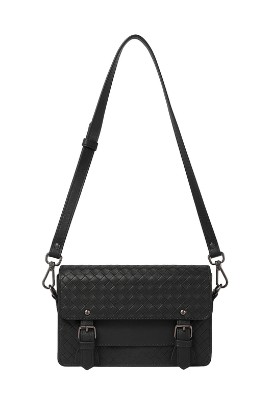 Black woven leather crossbody bag on a white background