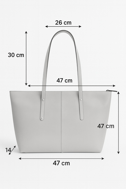 Gray tote bag with dimensions marked on a white background