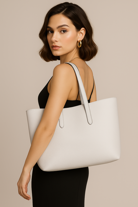 Woman carrying a white tote bag on a beige background