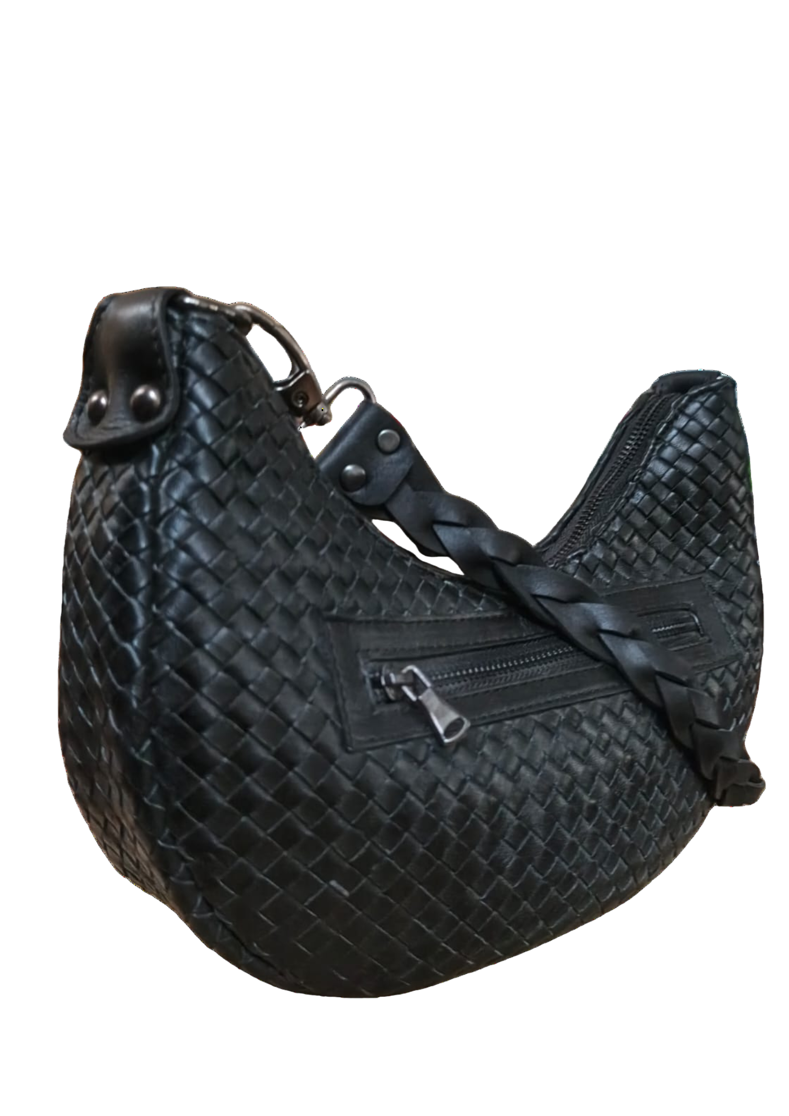 Black textured handbag with a shoulder strap on a white background