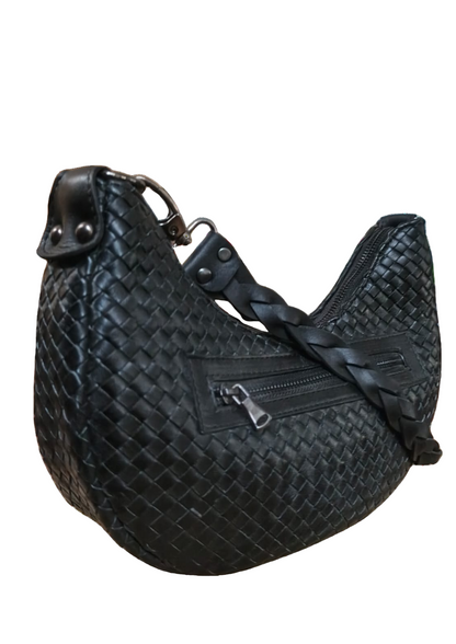 Black textured handbag with a shoulder strap on a white background