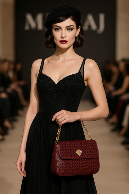 Model in a black dress holding a red handbag at a fashion show with 'Mishka' branding.