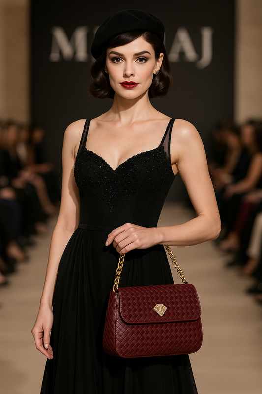 Model in a black dress holding a red handbag at a fashion show with 'Mishka' branding.